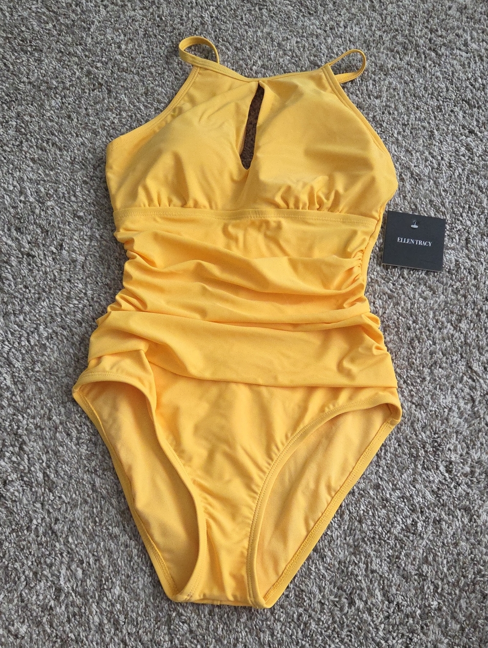 Ellen Tracy Yellow Keyhole Ruched One-Piece Swimsuit
